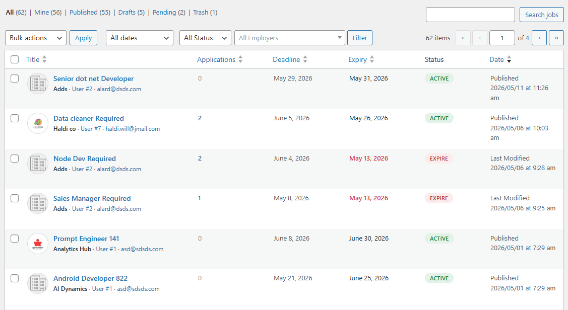 Admin jobs listing