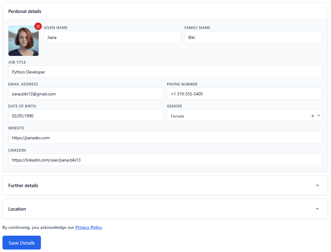 Profile editor page