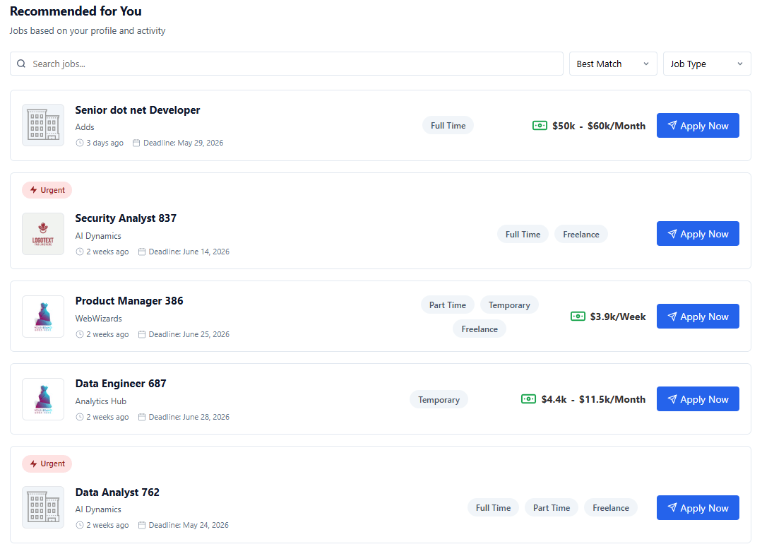 Recommended jobs page