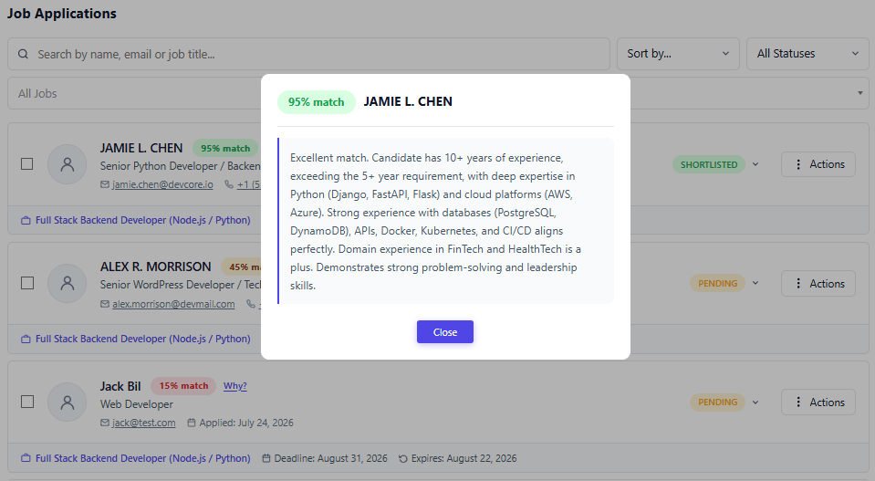 AI applicant match score with reasoning