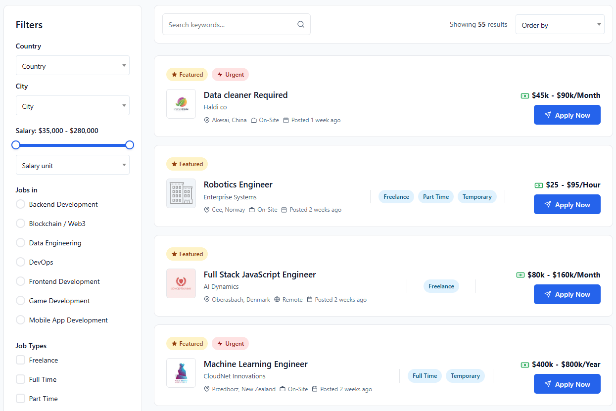 Job listings page